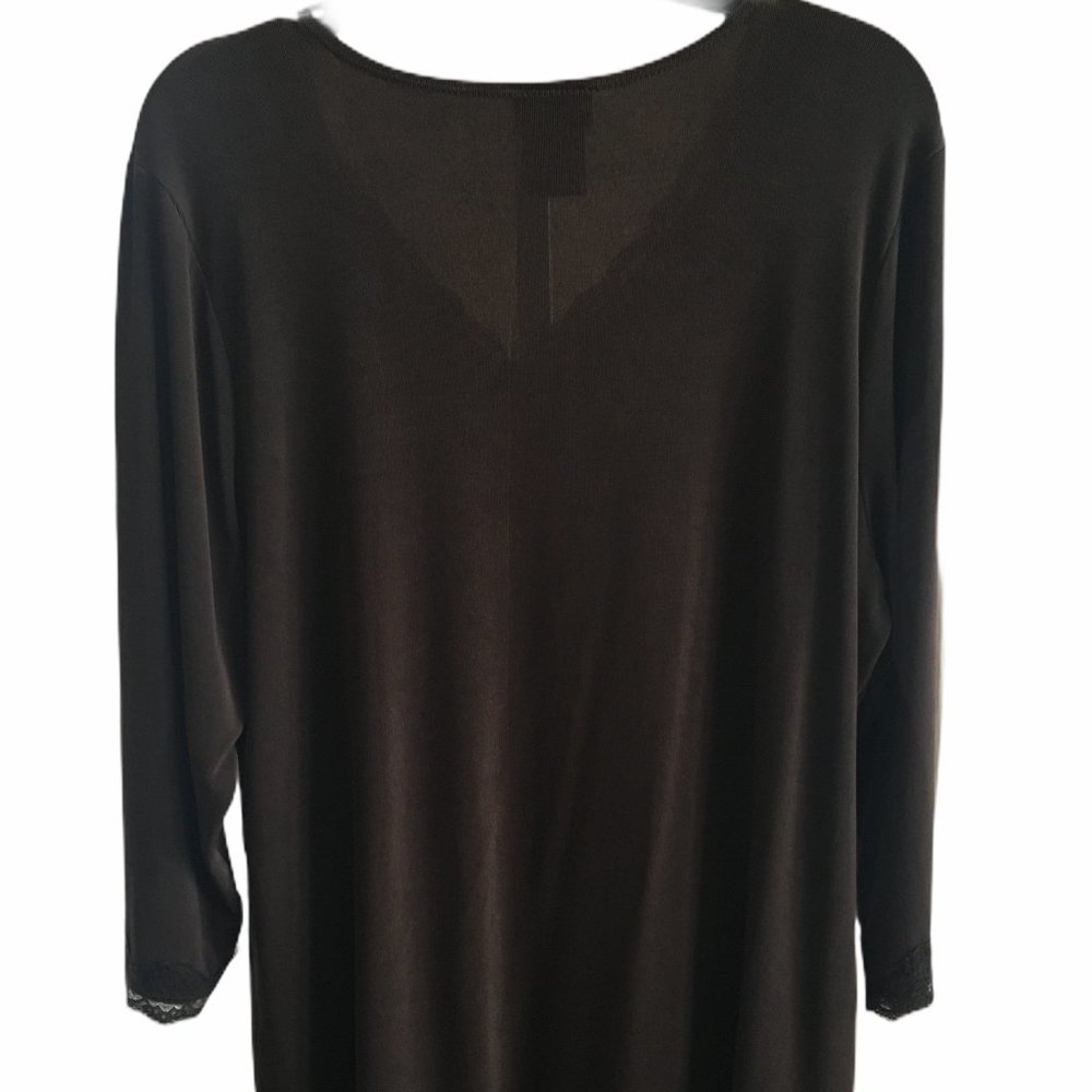 Citiknits 3/4 Sleeve Lace Trim V-neck Top Brown 1X - Picture 2 of 5